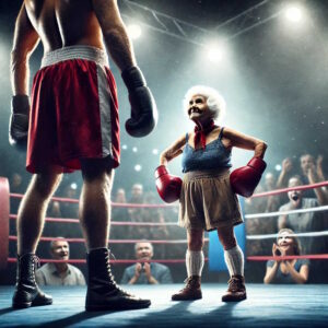 Lady showing confidence in boxing ring with large man.