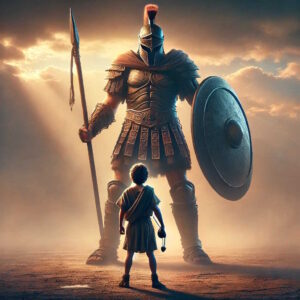 David standing up against Goliath showing courage