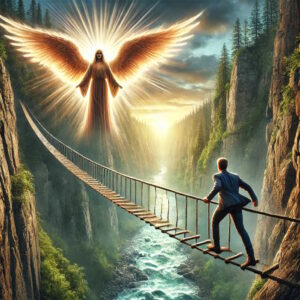 Man walking on a rickety bridge with the view of an angel watching over him resembling great faith.