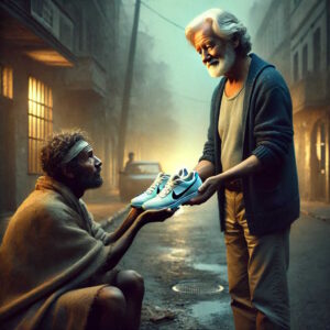 A friendly man offering hope in the form of a pair of shoes to a homeless man.