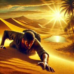 Man in hot desert struggling with self perseverance to survive.