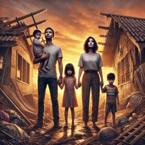 A family in shattered ruins of their home depicting resilience