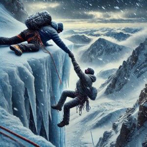 2 men climbing a steep snow capped mountain one holding the other from falling showing the importance of trust.
