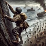 A brave soldier scaling a rocky cliff during war, showcasing courage under fire as explosions and smoke fill the battlefield below.