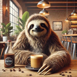 Sloth drinking coffee to show humor.