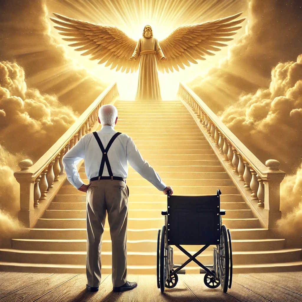 🟢Faith is The Fine Art of Believing When It Makes No Sense 1 Man standing by his wheel chair with the view of an angel looking down on him resembling great faith.
