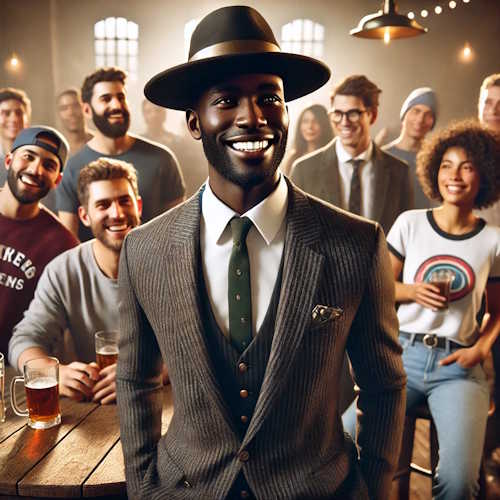 đź”´Prudence: Keeps Your Ego in Check and Your Feet on the Ground 3 A man lacking prudence or moderation wearing a fancy hat to a casual party with friends.