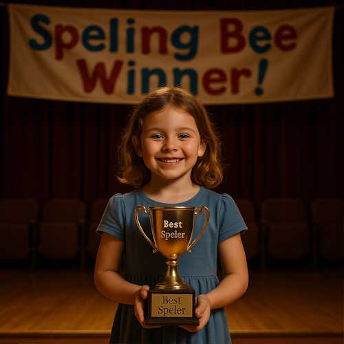 Encouragement and Humor — Laughing at Irony Smiling young girl proudly holding a spelling bee trophy with a humorous misspelling, celebrating encouragement and humor in moments of joyful imperfection.