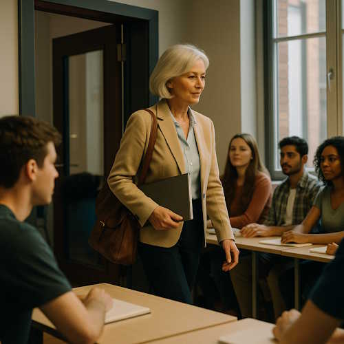 Courage and Self Esteem — Returning to Learn at Any Age Confident older woman entering a classroom full of younger students, representing courage and self esteem in returning to education after many years