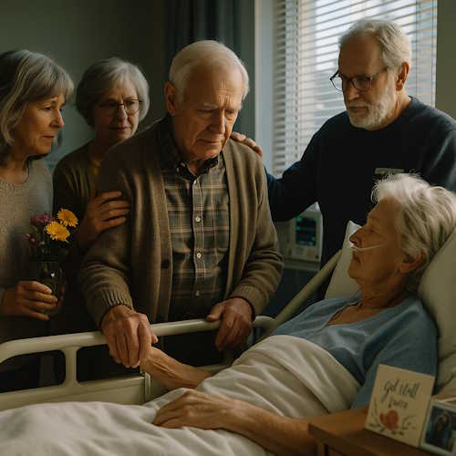 Encouragement and Empathy — Standing Together in Tender Moments Family gathered around an elderly woman in a hospital bed, offering comfort and love, capturing encouragement and empathy during a vulnerable time.