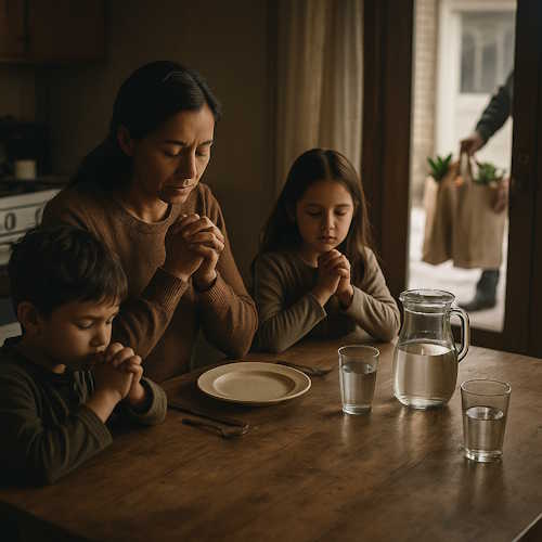 Encouragement and Faith — Trusting in Tomorrow’s Bread Mother and two children praying at a table with an empty plate and glasses of water, reflecting encouragement and faith during times of scarcity and hope for provision.