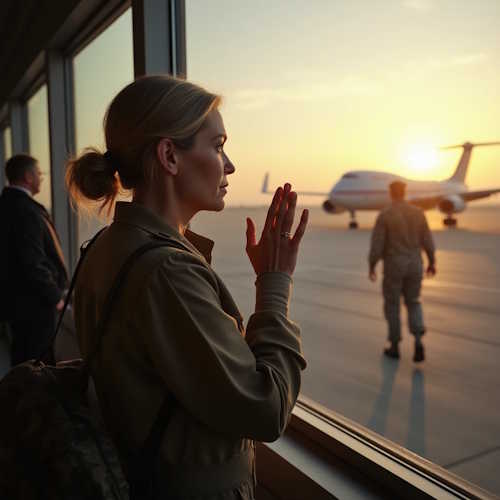 Mental Strength and Hope — Holding On As They Depart Woman in uniform watching a loved one board a plane at sunset, symbolizing mental strength and hope during moments of separation and uncertainty.