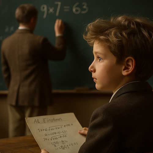 Mental Strength and Inspiration — The Spark of Genius A curious young boy holding a paper with Albert Einstein's name, watching a teacher write on a chalkboard, representing mental strength and inspiration in early learning.