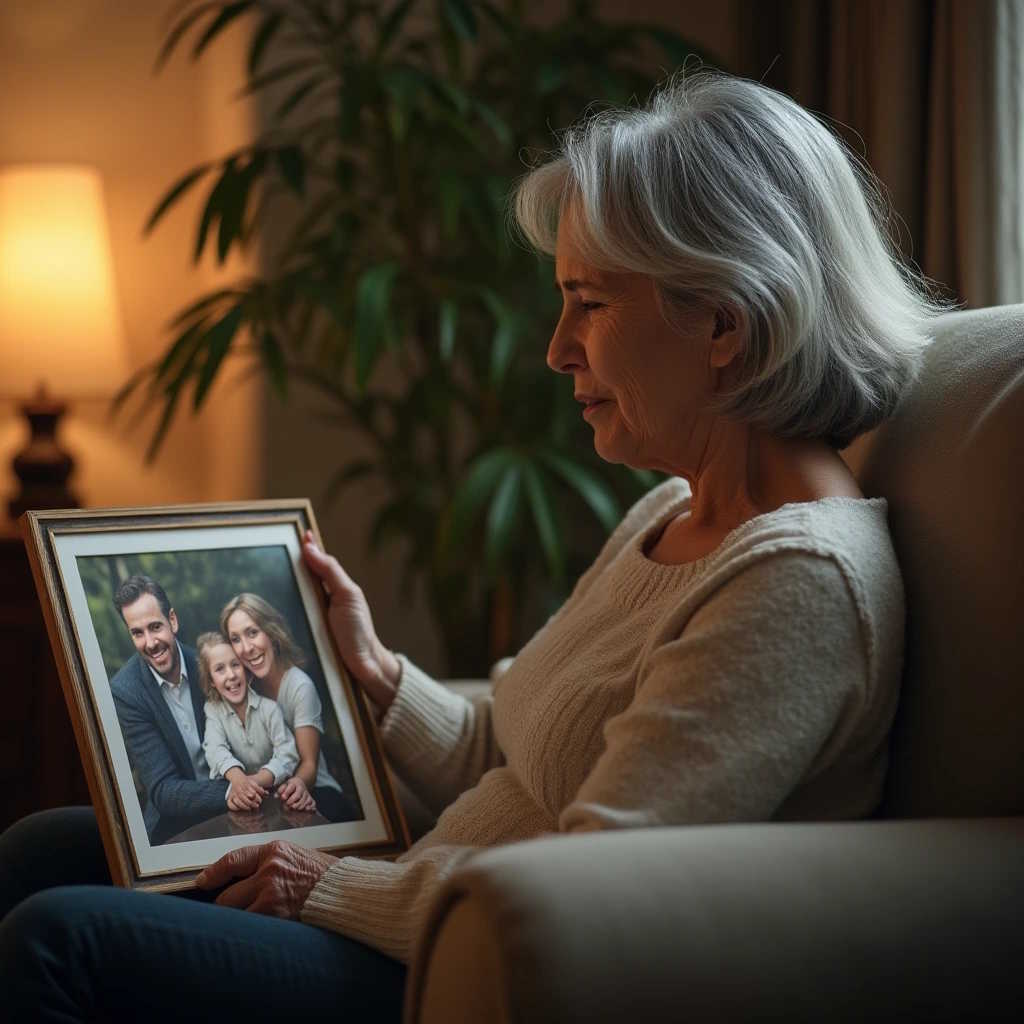 Mental Strength and Loneliness — Finding Peace in Memories Elderly woman sitting alone and holding a framed photo of her family, reflecting on love, mental strength, and the quiet strength needed to face loneliness.
