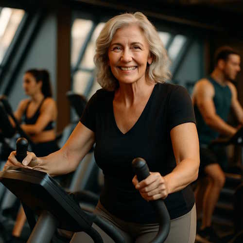 Perseverance and Self Esteem — Staying Active Through Life’s Seasons Smiling older woman on a stationary bike in a gym, embodying perseverance and self esteem by exercising regularly even when it's challenging.