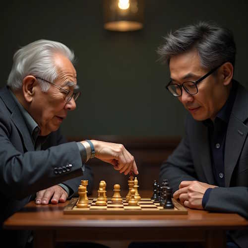 Prudence and Self Esteem — Wisdom in Every Move Two senior men deeply focused on a chess game, portraying prudence and self esteem through thoughtful decision-making and strategic play.