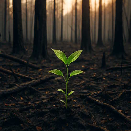 Mental Strength and Resilience — Rising From the Ashes A small green plant growing from scorched earth in a burned forest, symbolizing mental strength and resilience after hardship and loss.