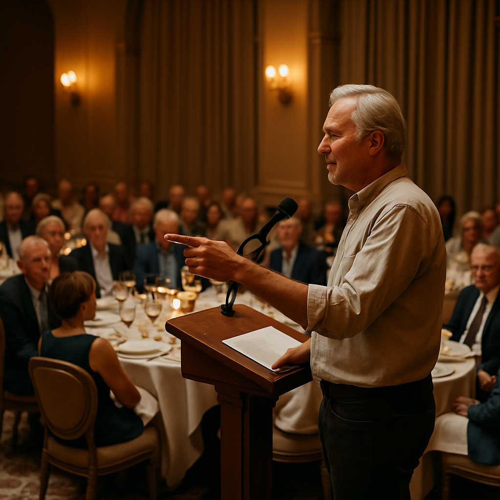 Self Confidence and Self Esteem — Speaking with Heart and Purpose Older man confidently speaking at a formal event, surrounded by an engaged audience, reflecting self confidence and self esteem in public speaking.