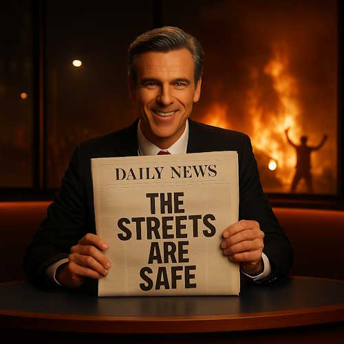 Encouragement and Trust — Seeking Light Through the Smoke News anchor smiling while holding a newspaper that reads 'The Streets Are Safe,' with flames and unrest visible outside, representing the need for encouragement and trust in a world full of contradictions.