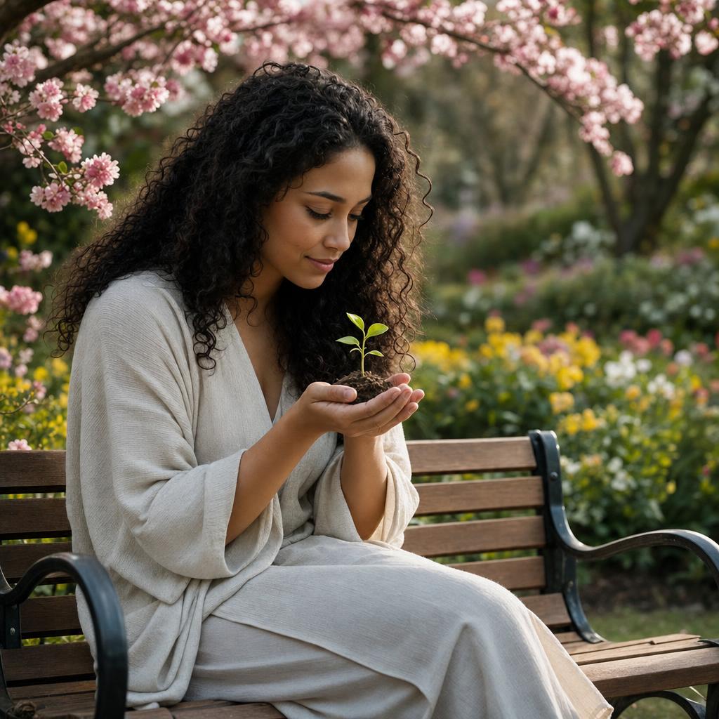A woman sitting on a bench, holding a sprouting plant, depicting mental health wellbeing through acceptance and hope.