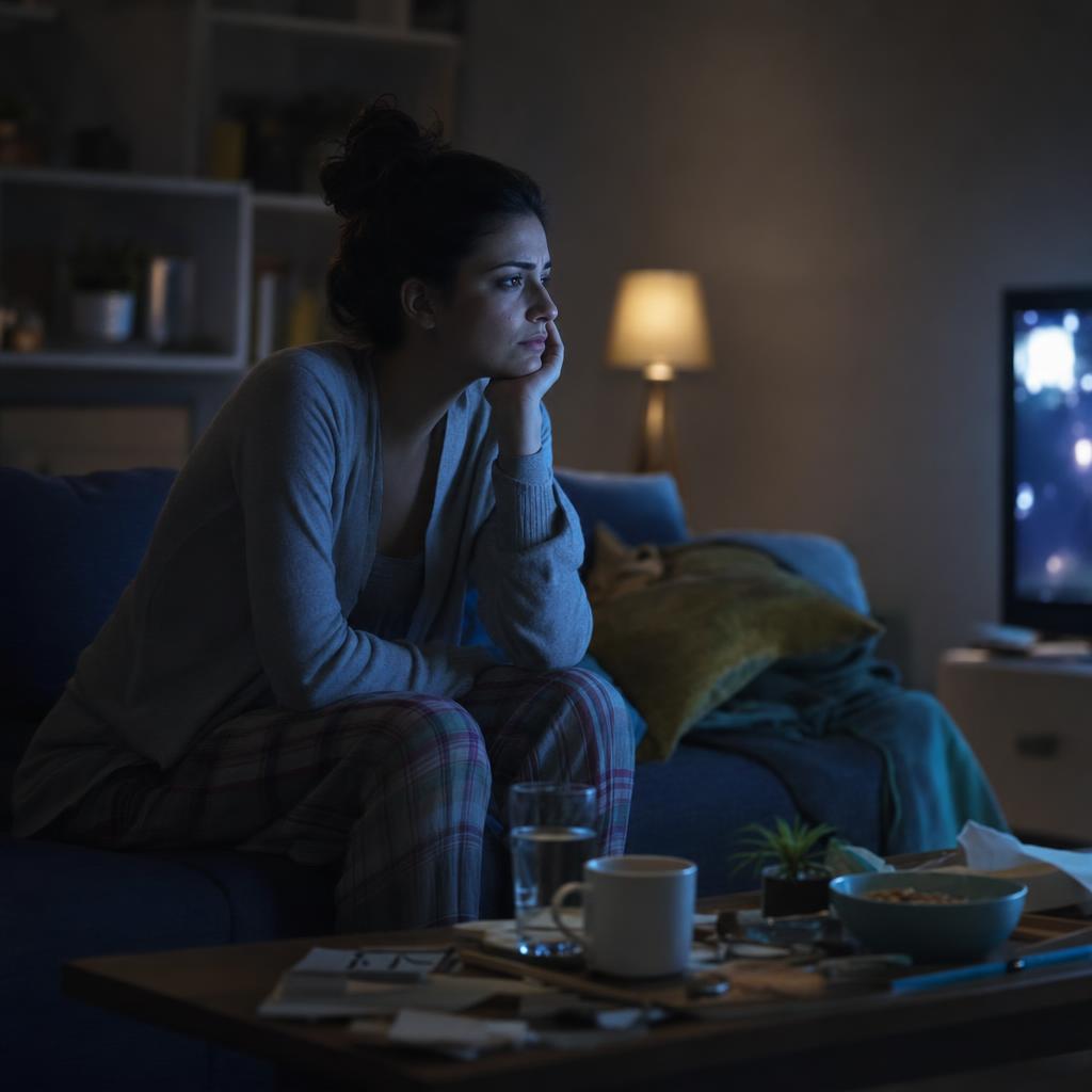 A woman sitting in dim light, reflecting on mental health wellbeing struggles.